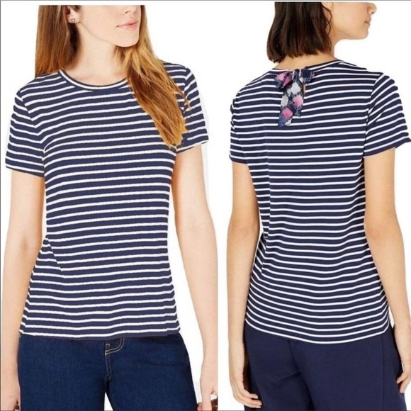 Maison Jules Striped Bow-Back Tee Navy Blue Women’s Size Large NWT - Picture 1 of 7